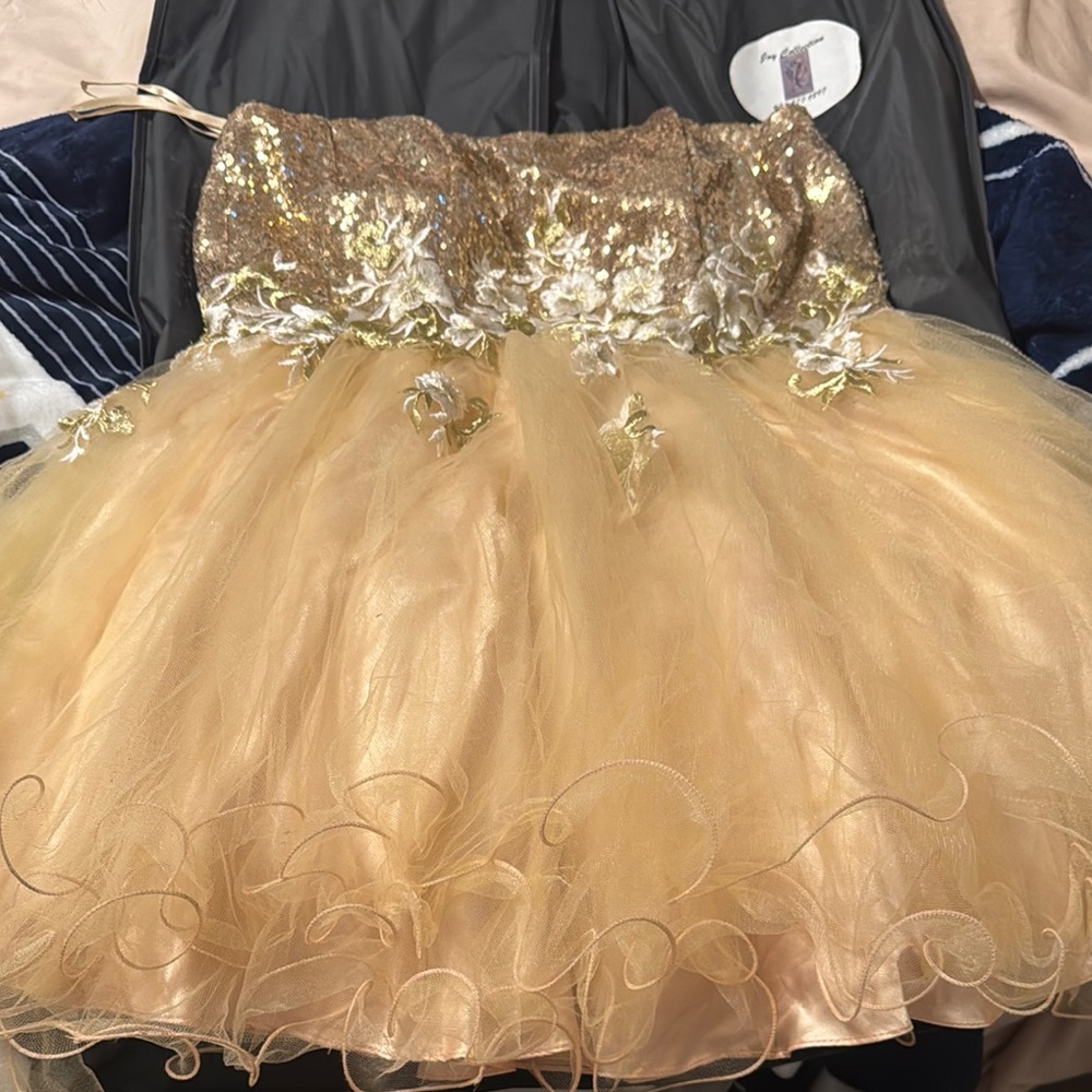 Gold Strapless A-Line Prom Dress